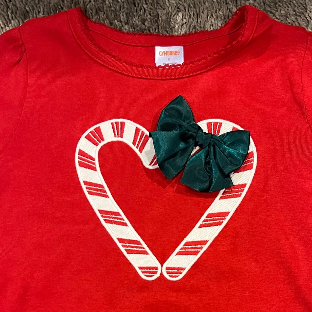 Girls Gymboree Appliqué Candy Cane Bow Long-Sleeve Christmas Shirt - 6 - Red - Picture 4 of 7